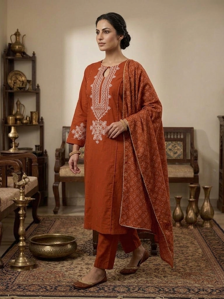 Burnt Orange Pure Cotton Ensemble Suit Set side view showcasing geometric kalka patterns, mirror detailing and colorful piping accents