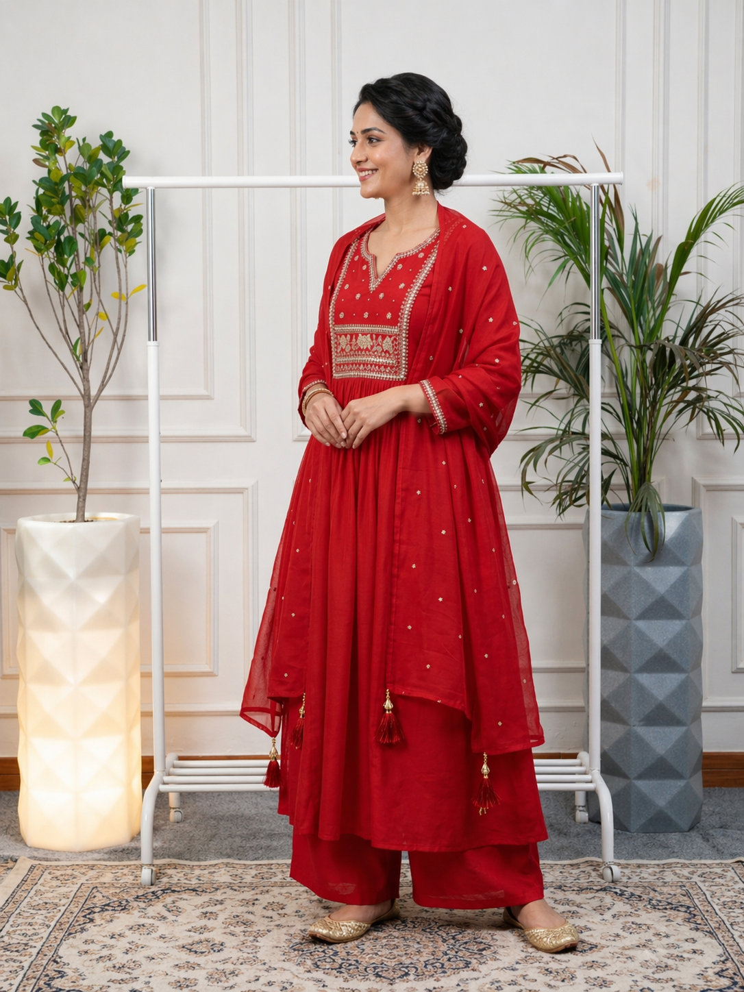 Women's Carmine Red Chanderi Stitched Suit Set