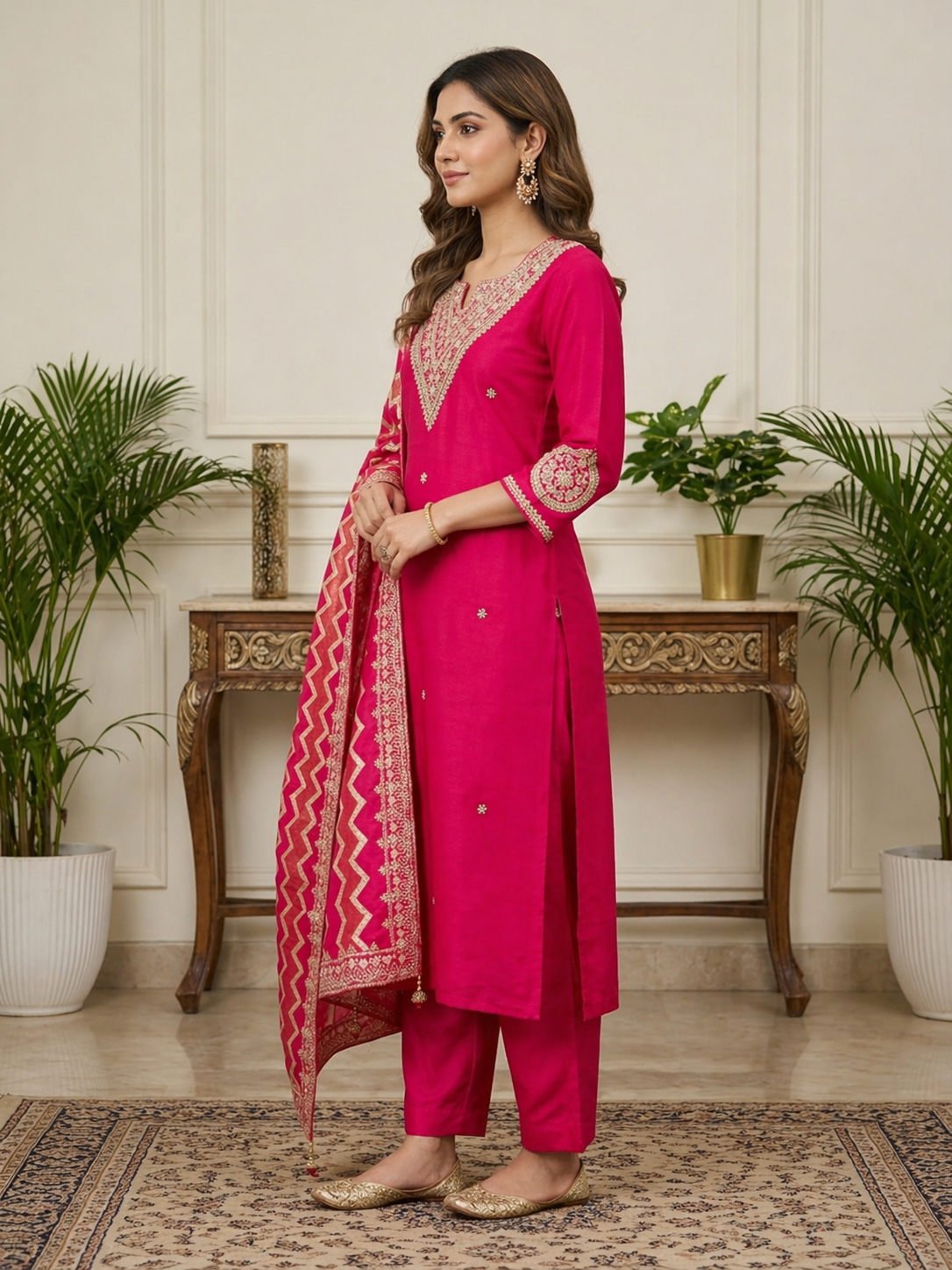 Luxe Chanderi & Zardosi Opulent Stitched Suit Set front view featuring intricate zardosi embroidery, premium Chanderi fabric and elegant ethnic design