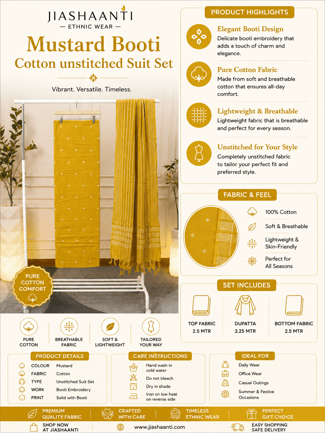 Mustard Booti Cotton Unstitched Suit Set with Matching Dupatta | Jiashaanti