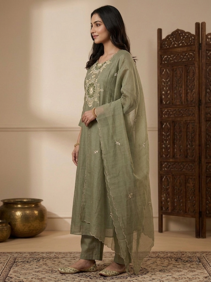 Serene Cotton Mul Chanderi Ensemble Suit Side View | Jiashaanti