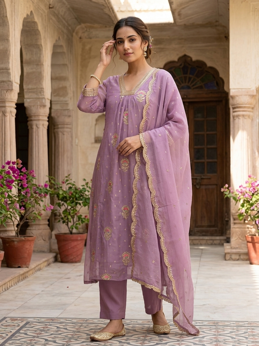 Floral Sequin & Zari Chanderi Festive Suit Set for Women – Jiashaanti