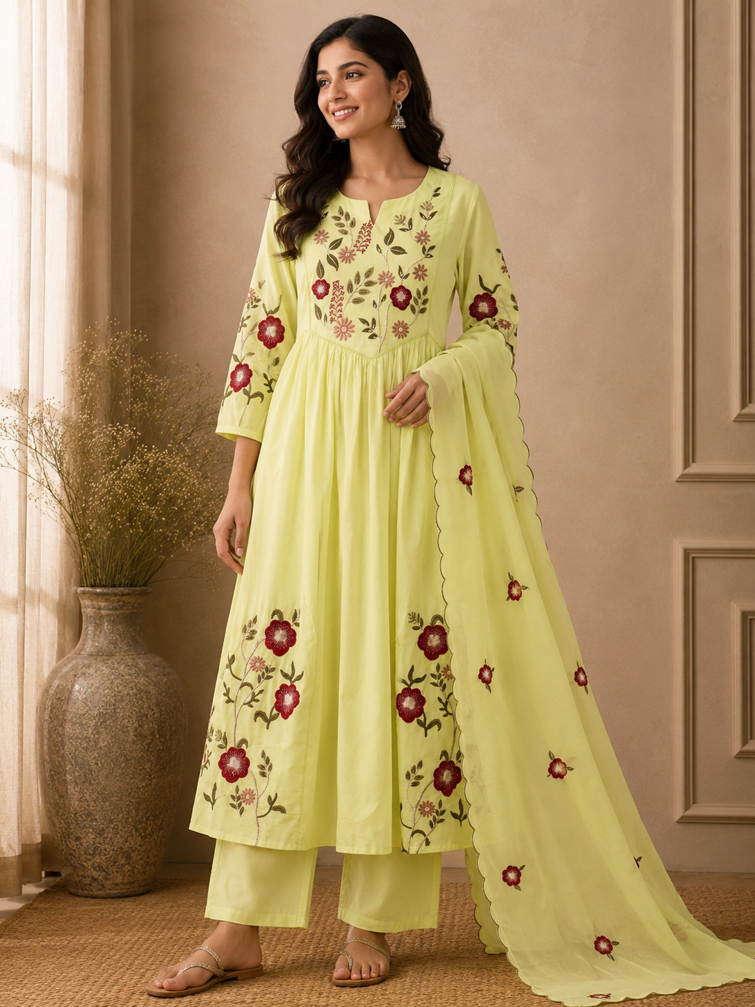 Lime Green Embroidered Gathered Anarkali Suit Set