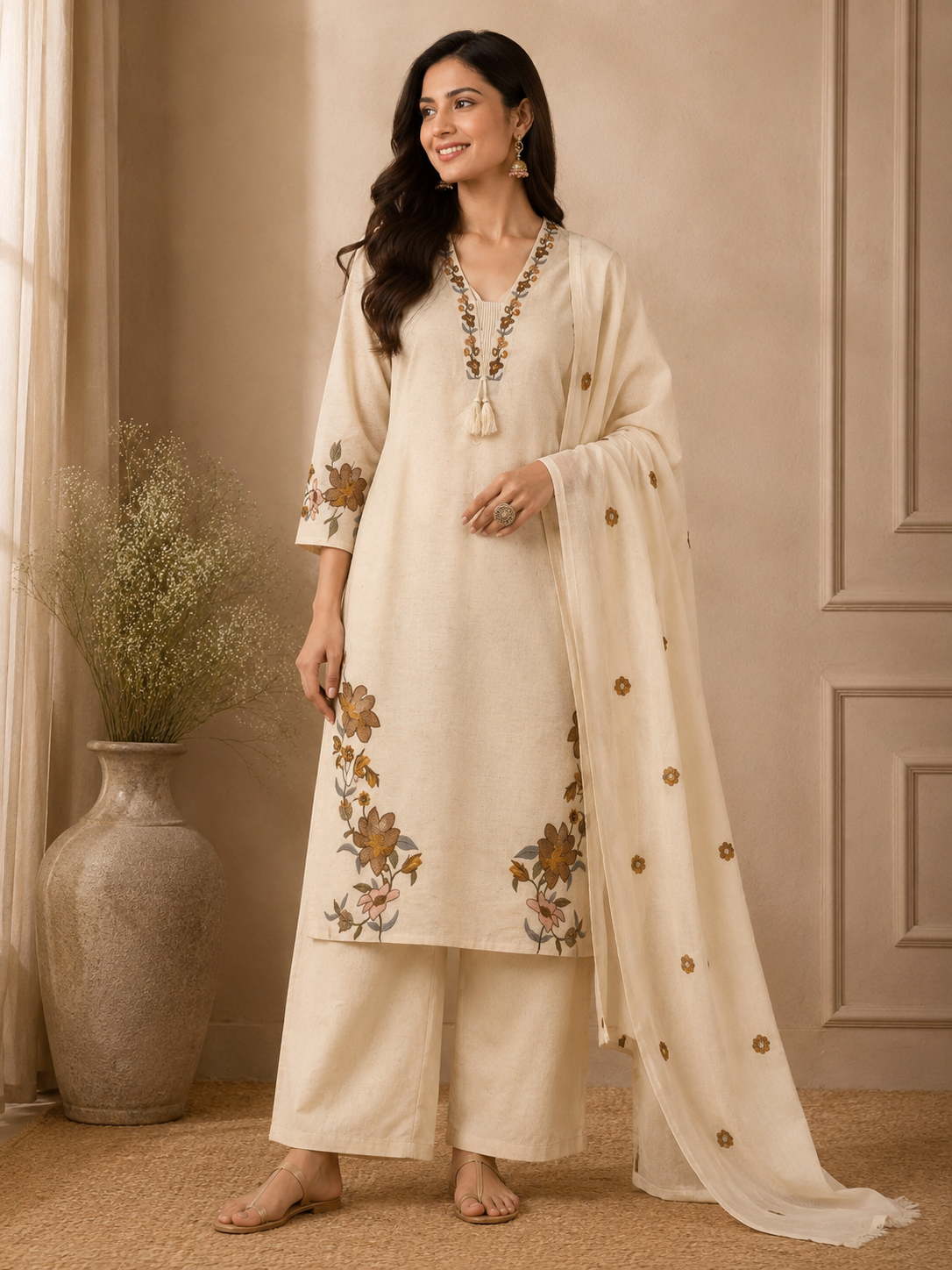 Off-White Floral Applique Daily Wear Suit Set