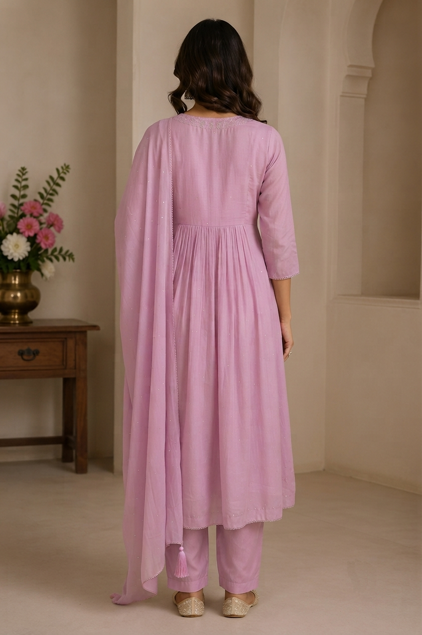 Back view of Baby Pink Mul Chanderi Circular Suit Set