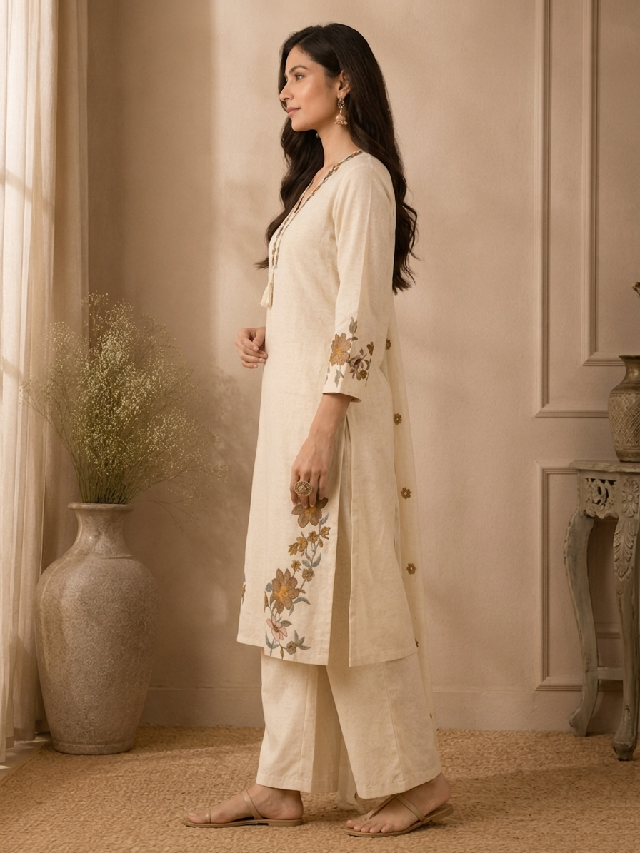Off-White Floral Applique Daily Wear Suit Set
