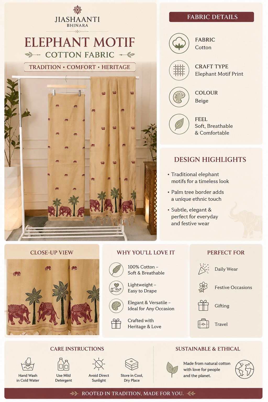 Infographic showing fabric, craft and colour details of Beige Elephant Motif Print Cotton unstitched suit set by Jiashaanti

