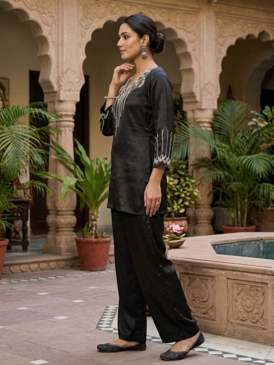 Starlit Canvas satin silk co-ord set — close-up of hand-stitched cutdana beads and Ari embroidery creating a night sky twinkle effect on black fabric