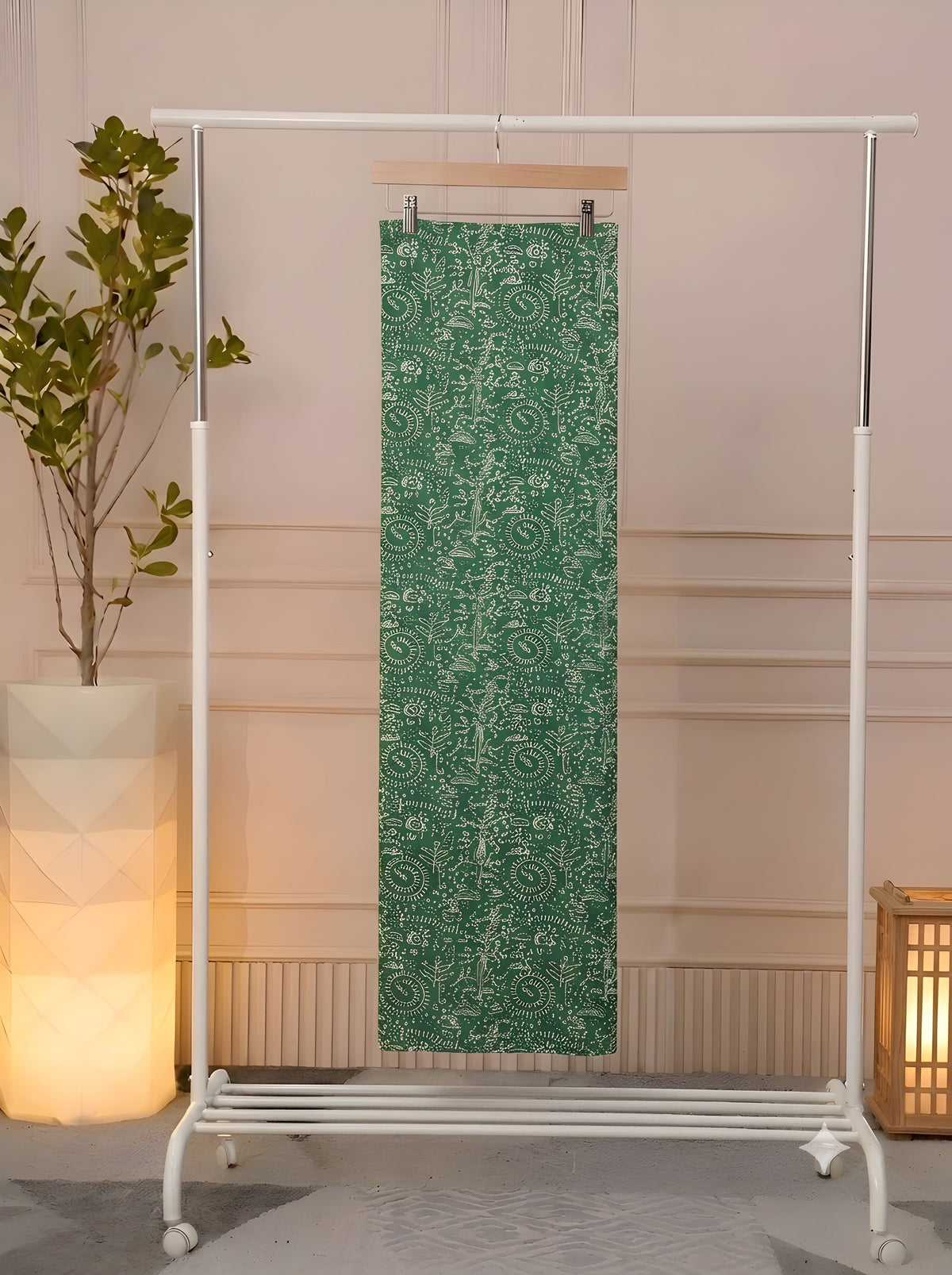 Close-up of Bottle Green Warli hand block print cotton bottom fabric, unstitched suit set
