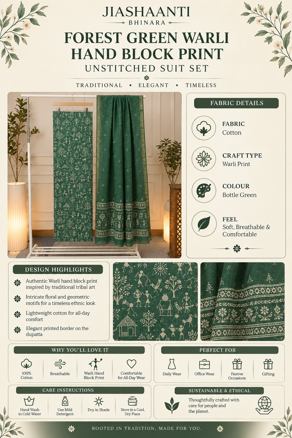 Infographic showing fabric, print, colour and design details of Bottle Green Warli Hand Block Print unstitched cotton suit set by Jiashaanti
