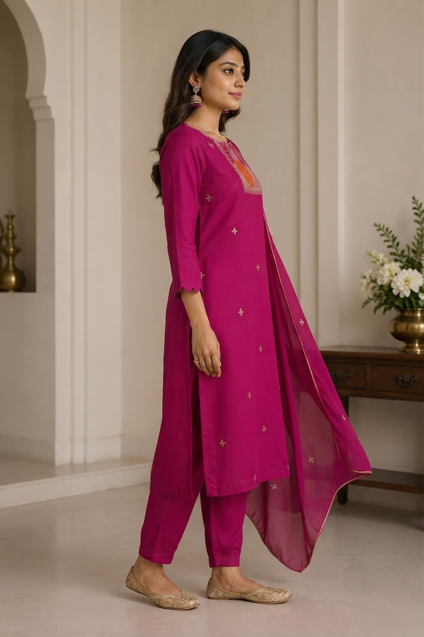 Vibrant Fuchsia Embroidered Festive Kurta Set