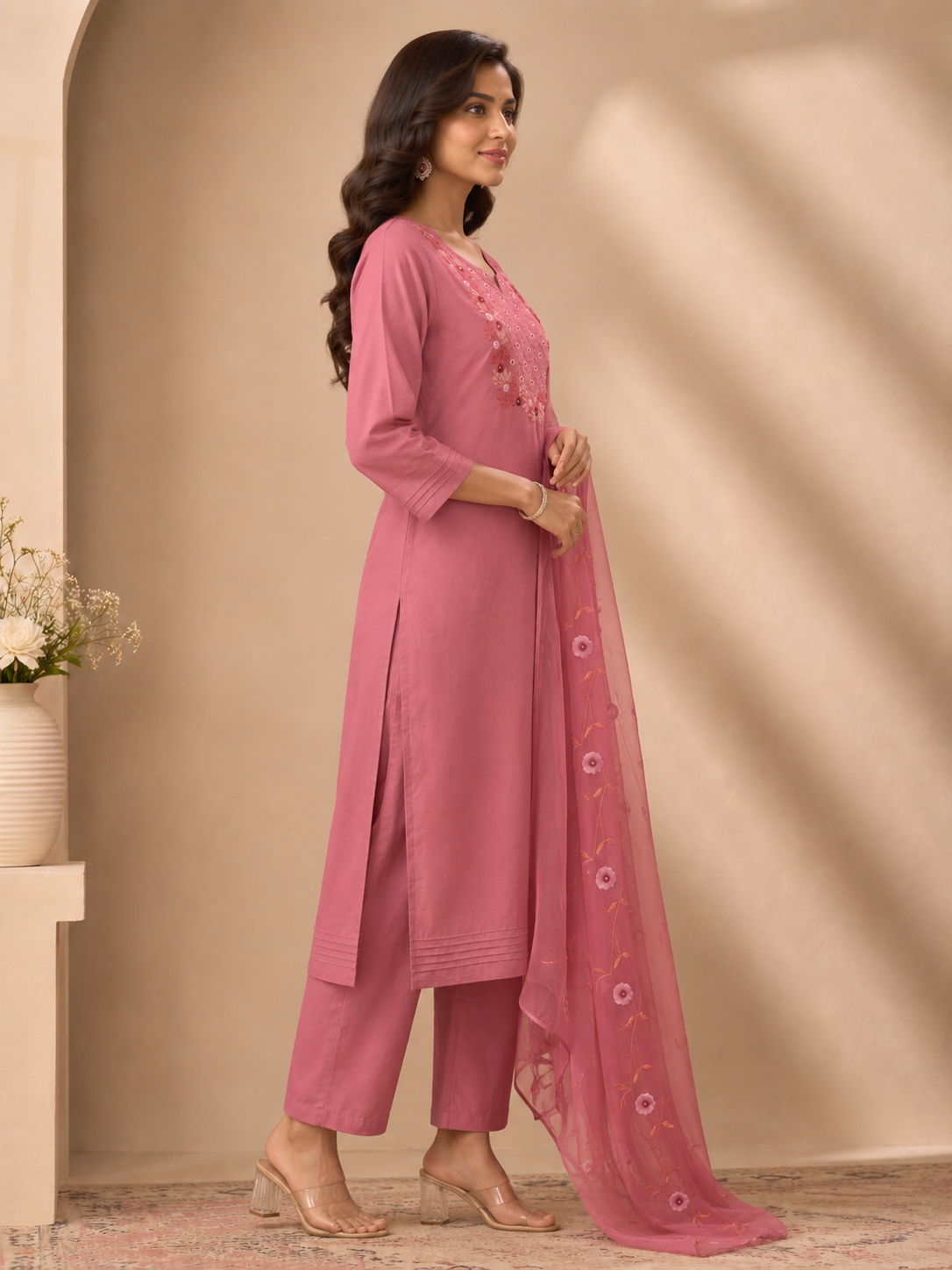 Dusty Rose Embroidered Muslin Suit Set with Floral Organza Dupatta