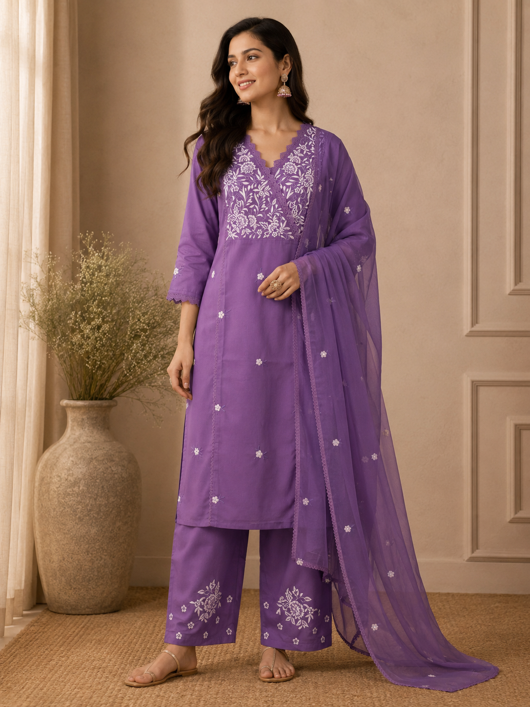 Purple Chikankari-Inspired Embroidered Suit Set