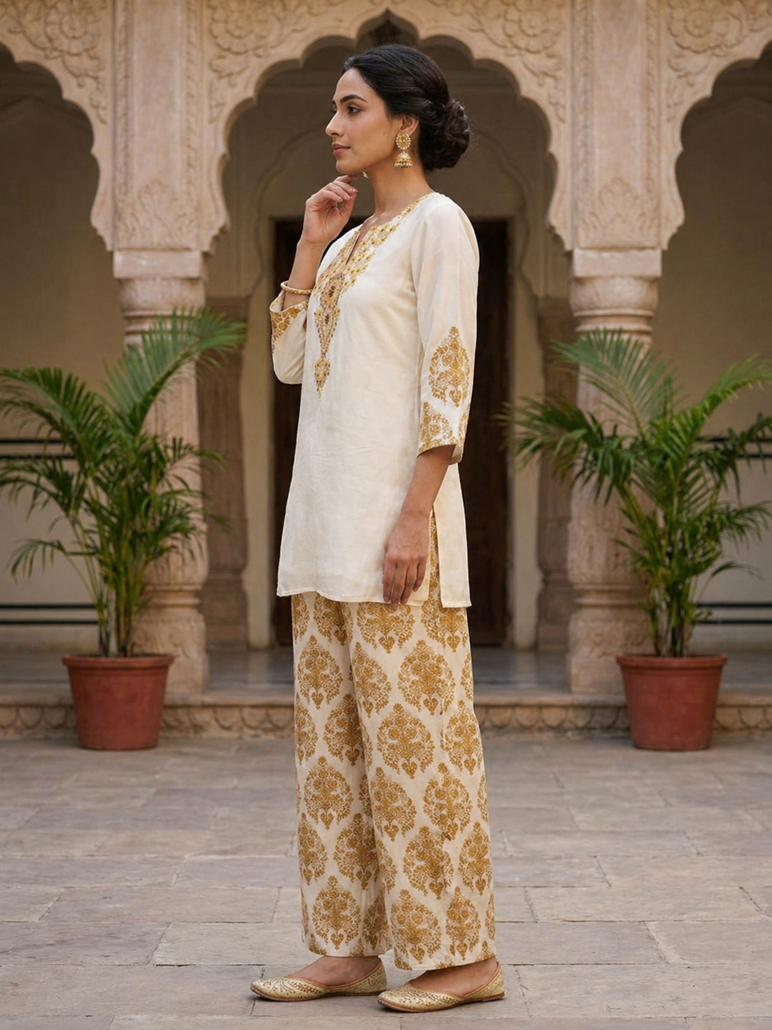 Bohemian Floral satin silk co-ord — close-up of hand-stitched cutdana beads, Ari work and delicate thread embroidery on cream white brown fabric