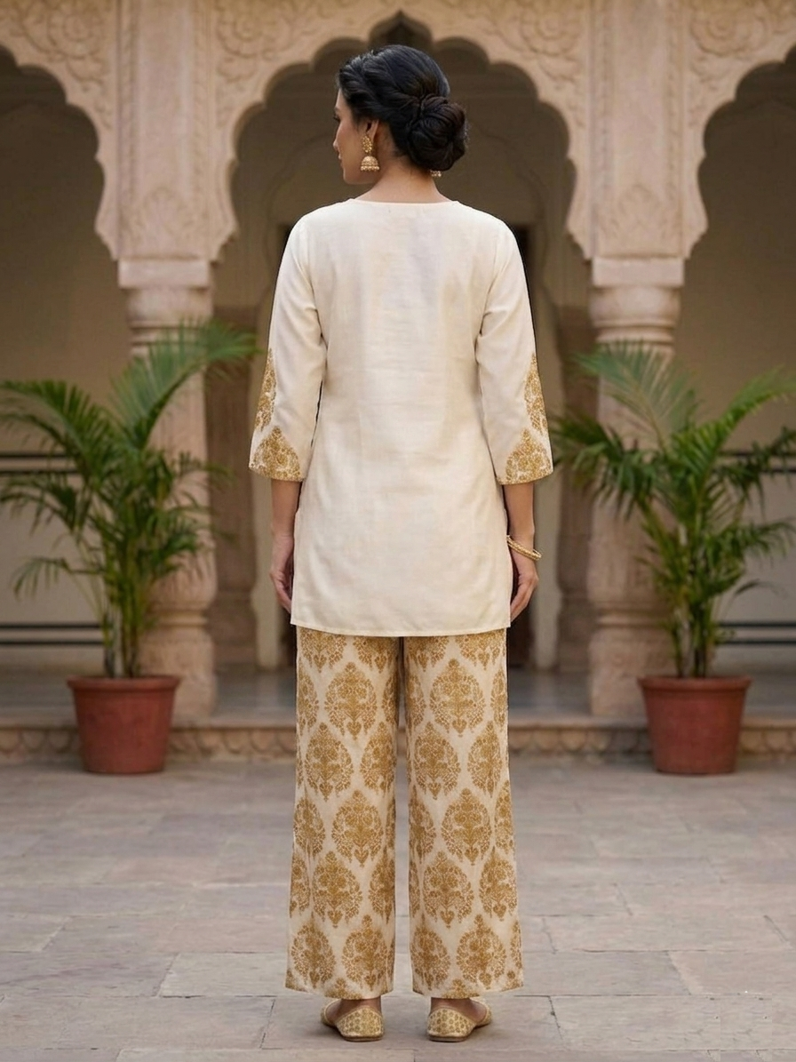 Bohemian floral satin silk co-ord — detail view showcasing cutdana bead embellishments and floral pattern
