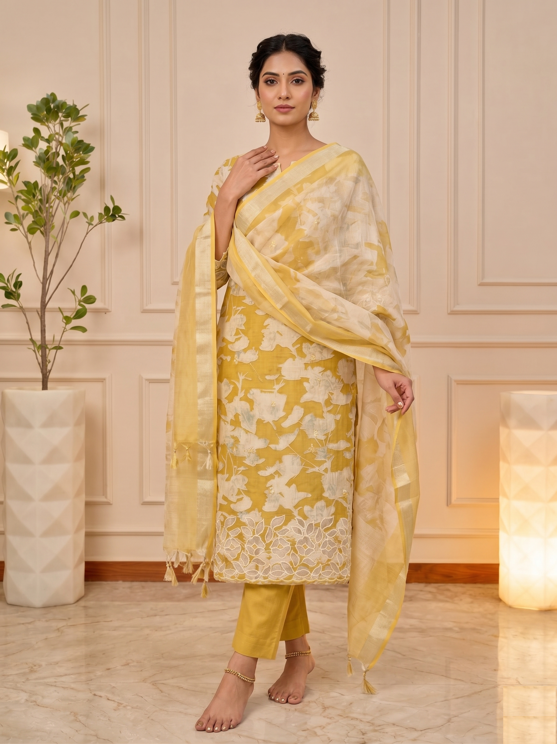 Radiant Mustard Yellow Floral Chanderi Unstitched Suit Set