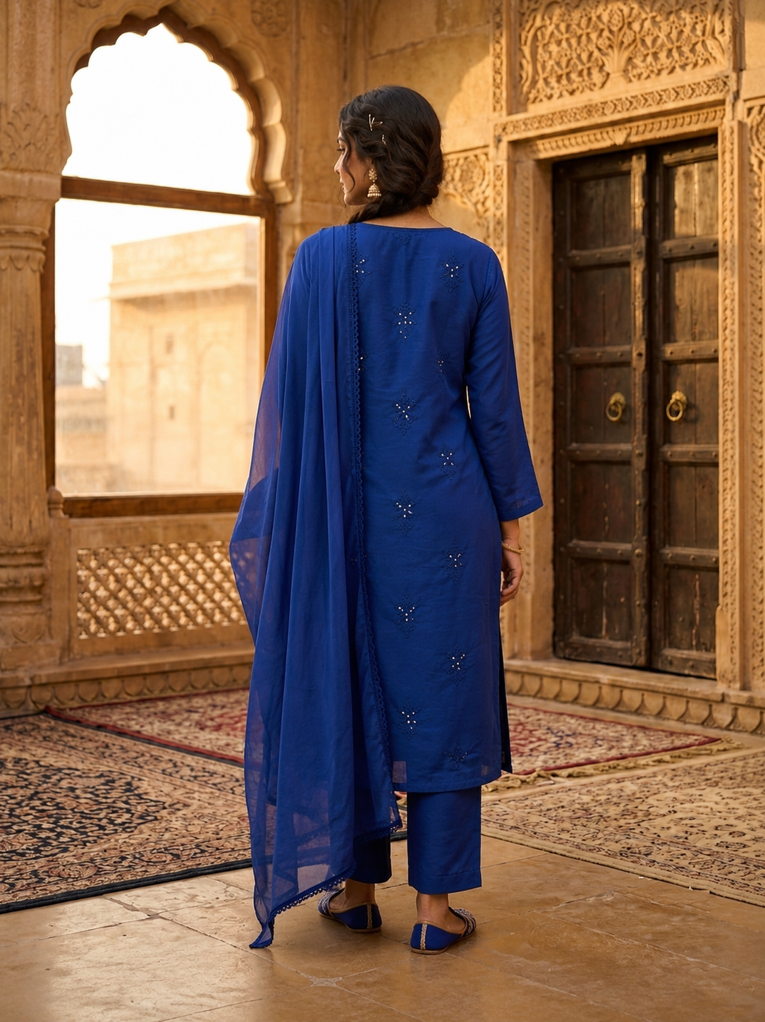 Royal Blue Embroidered Cotton-Silk Faux-Angrakha Suit Set