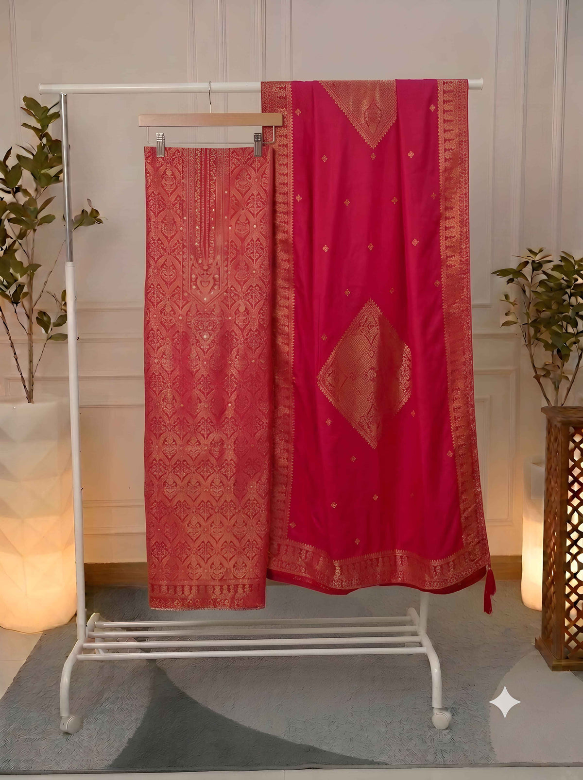 Deep pink Banarasi silk fabric with zari woven suit and dupatta
