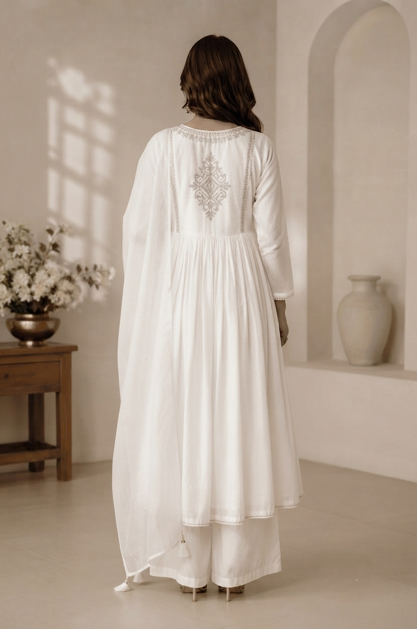 White Ethereal Ivory Pleated Anarkali Festive Kurta Set