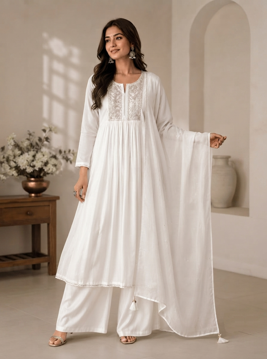 White Ethereal Ivory Pleated Anarkali Festive Kurta Set