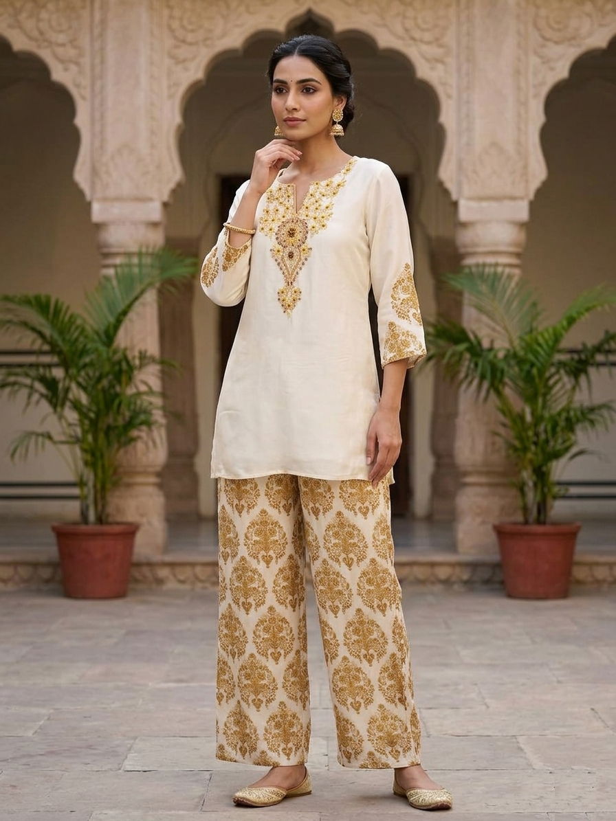 Luxe Bohemian Floral satin silk co-ord set for women — front view with cream brown digital floral print, Ari cutdana beadwork and fine thread embroidery

