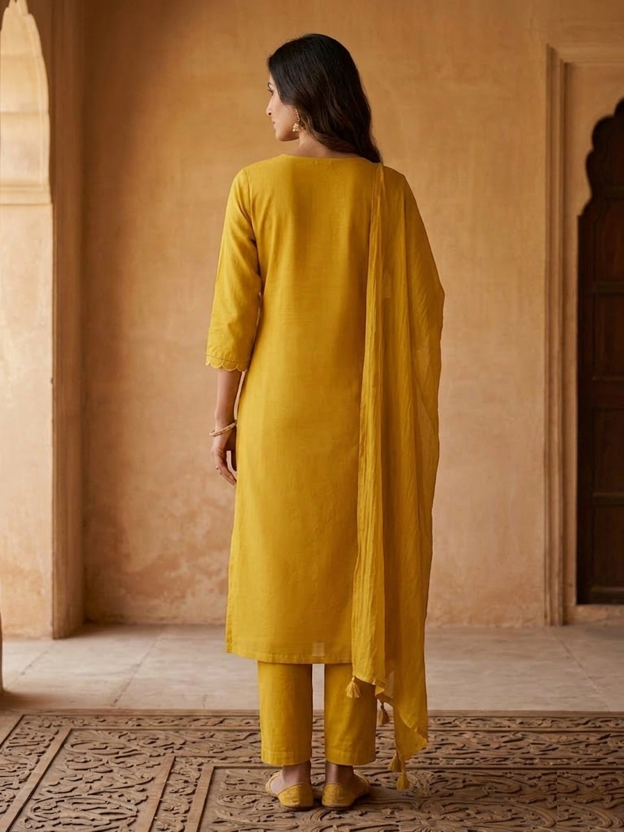 Mustard Yellow Cotton-Silk Mirror Work Suit Set