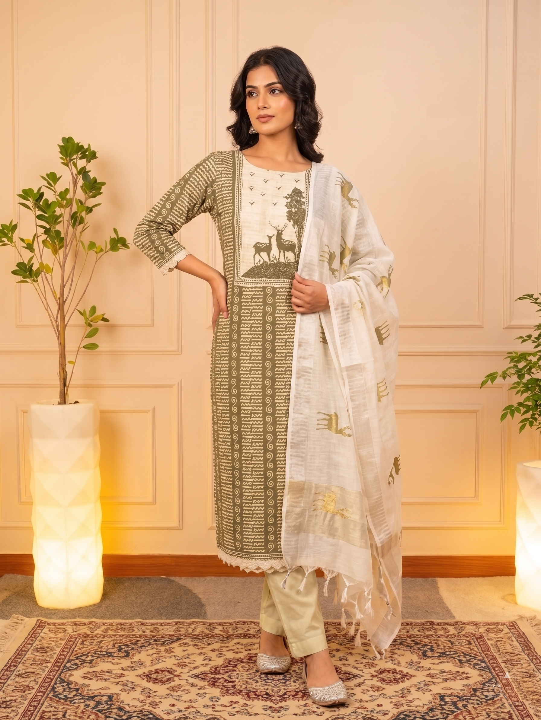 Handcrafted Olive Green & Ivory Cotton-Silk Suit Set