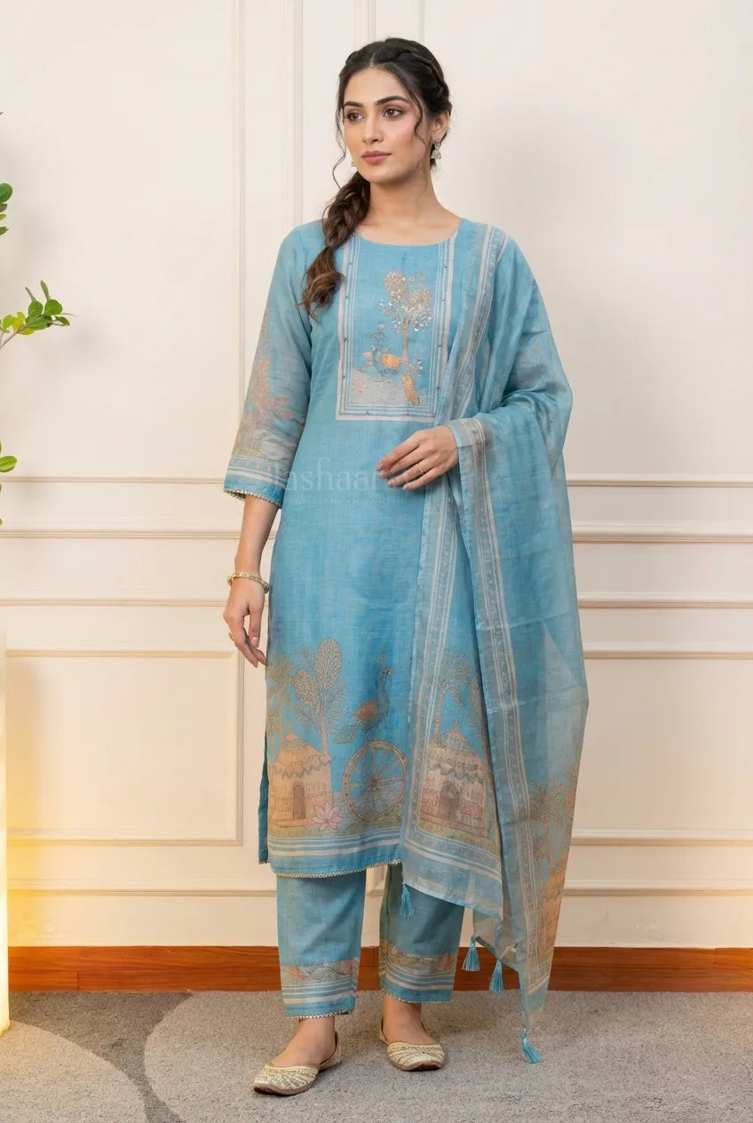 Elegant Sky Blue Embroidered Suit Set