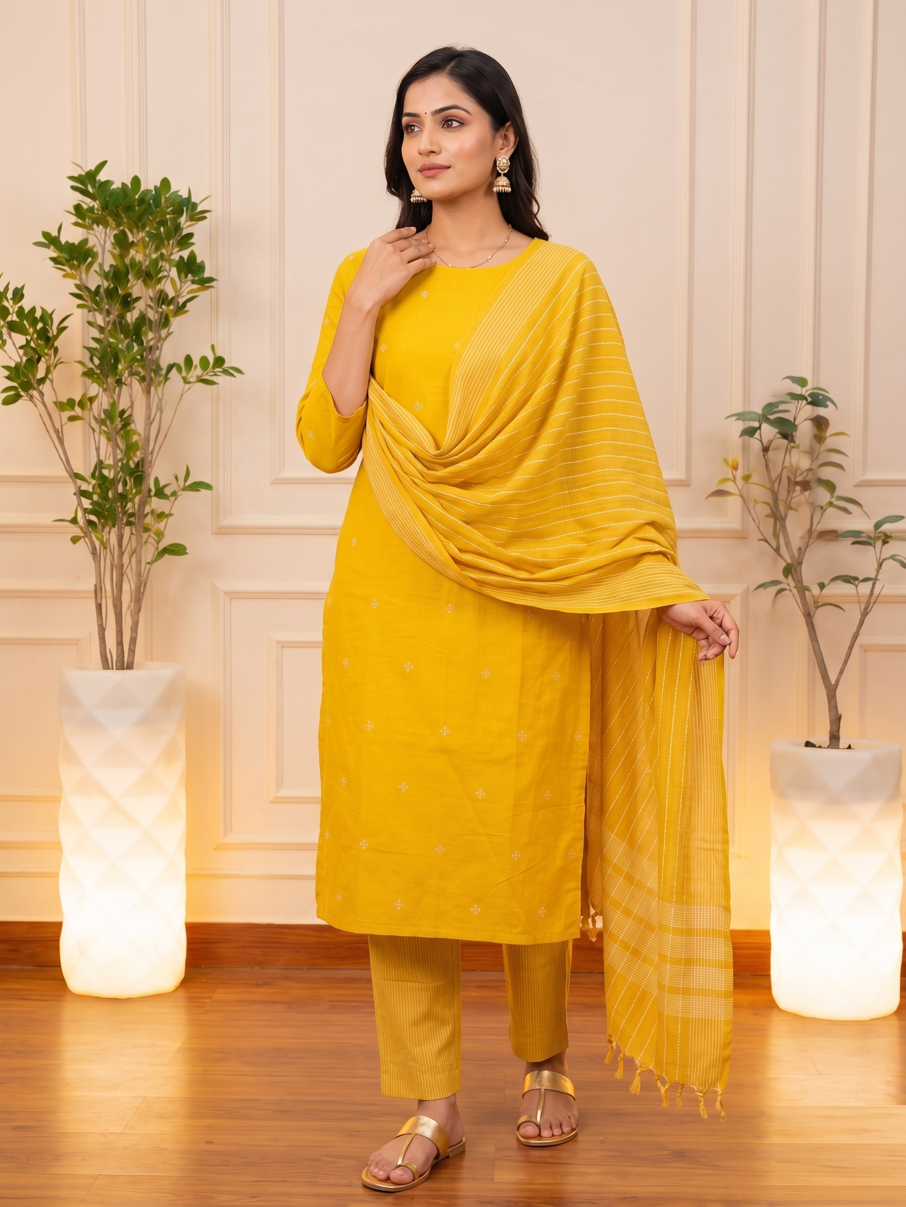Cherful Mustard Yellow Handloom Cotton Unstitched Suit Set