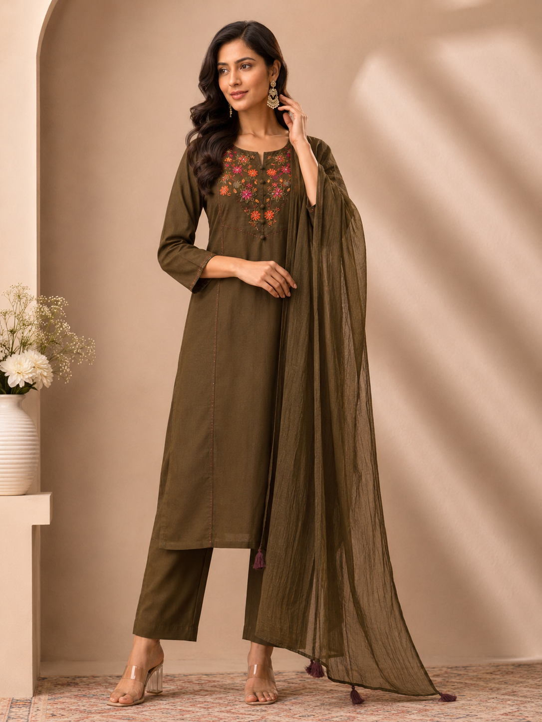 Olive Earth Hand-Embroidered Cotton Muslin Co-ord Set with Crushed Dupatta