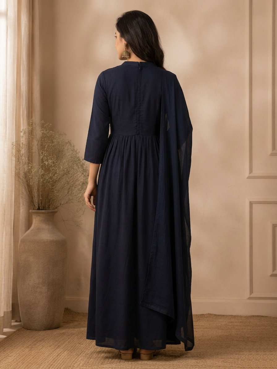 Midnight Navy Kalamkari Print Anarkali Suit Set