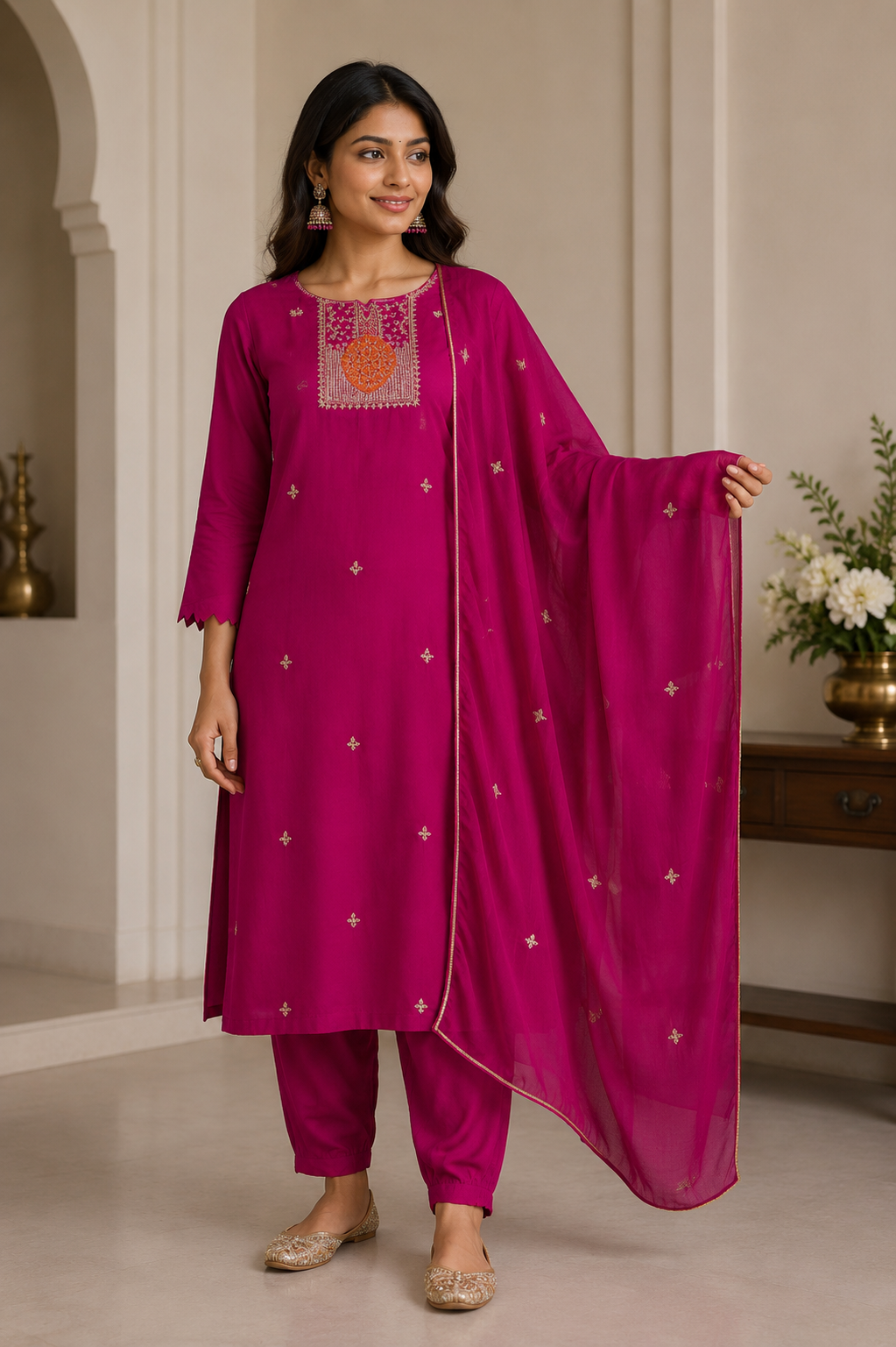 Vibrant Fuchsia Embroidered Festive Kurta Set