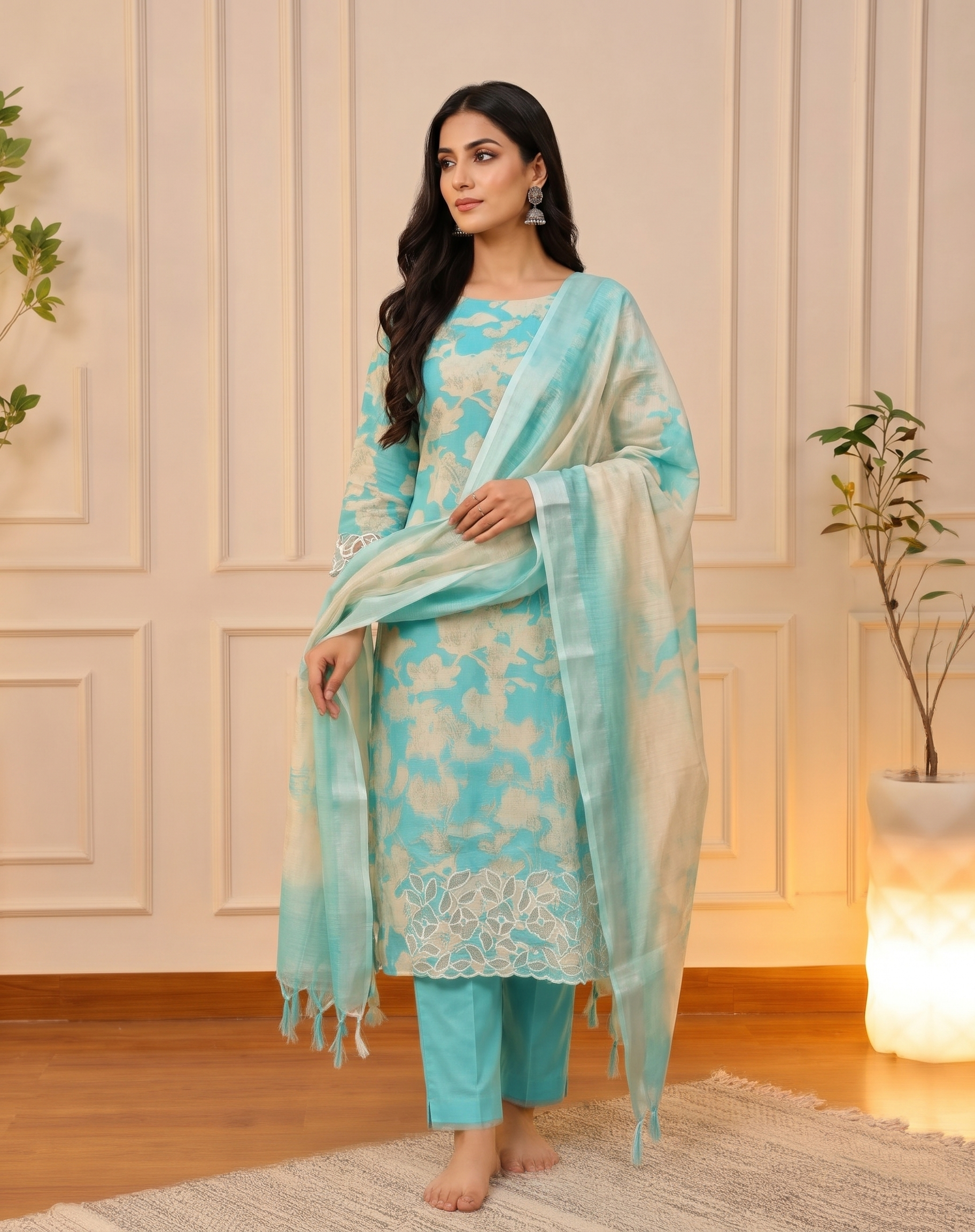 Vibrant Turquoise Blue Floral Chanderi Unstitched Suit Set