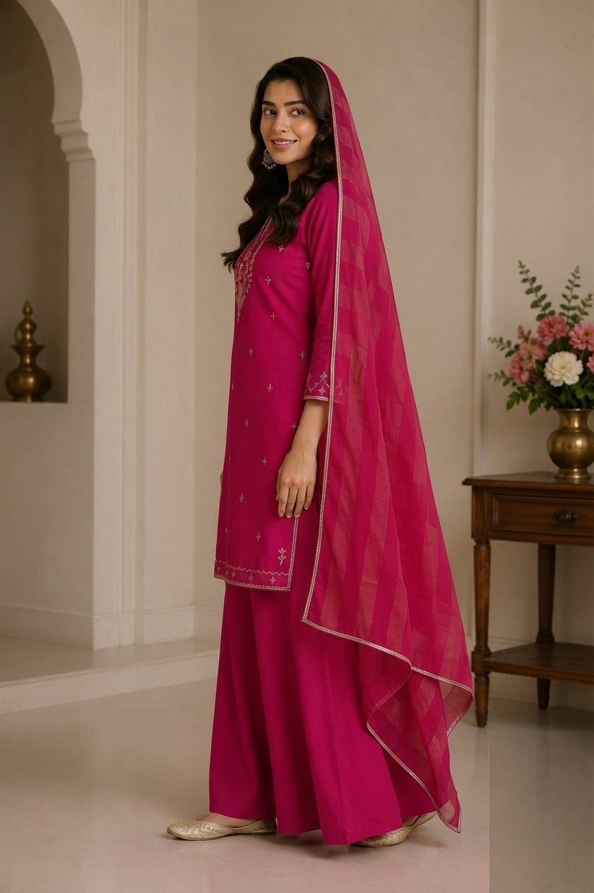 Radiant Magenta Embroidered Sharara Festive Kurta Set