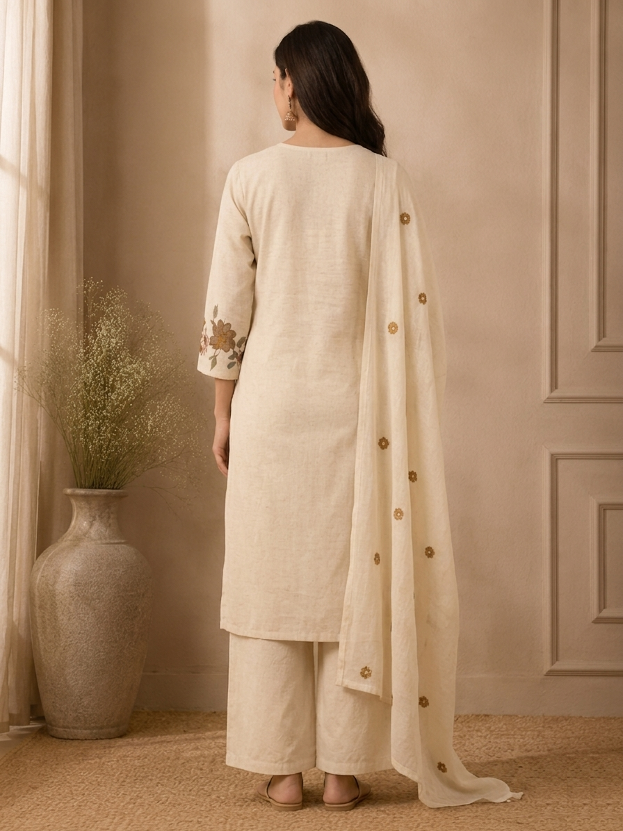 Off-White Floral Applique Daily Wear Suit Set