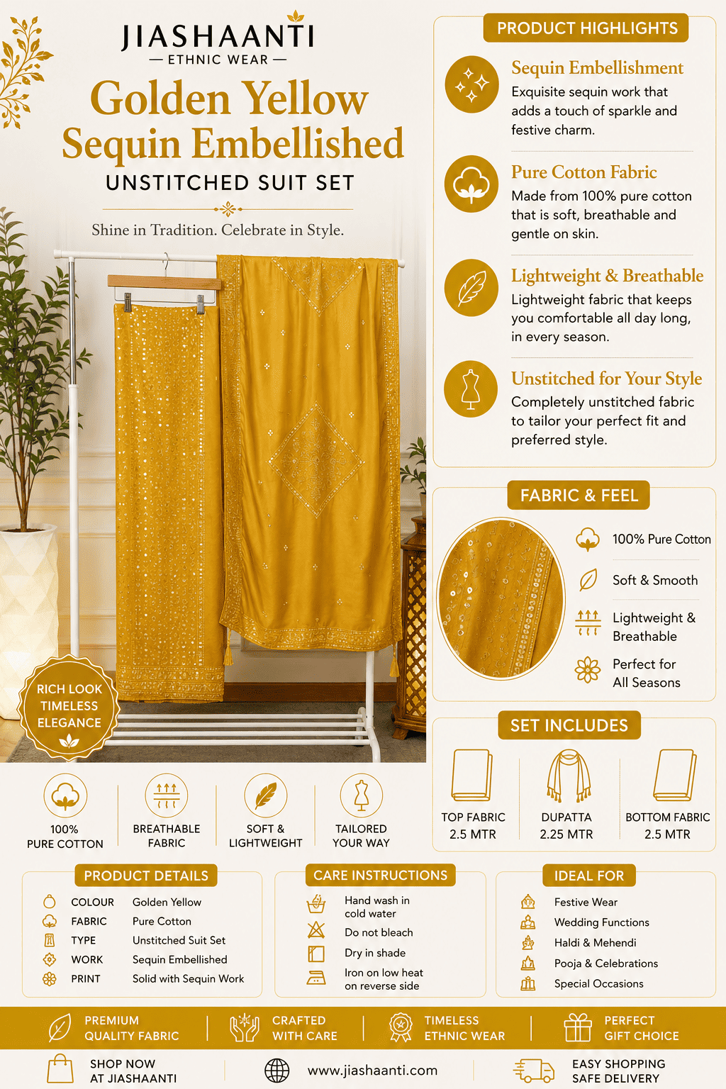 Golden Yellow Sequin Silk Suit Set Fabric Texture – Jiashaanti