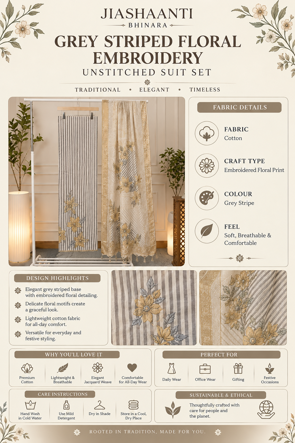  Infographic showing fabric, craft and colour details of cGrey Striped Floral Embroidered Cotton unstitched suit set by Jiashaanti

