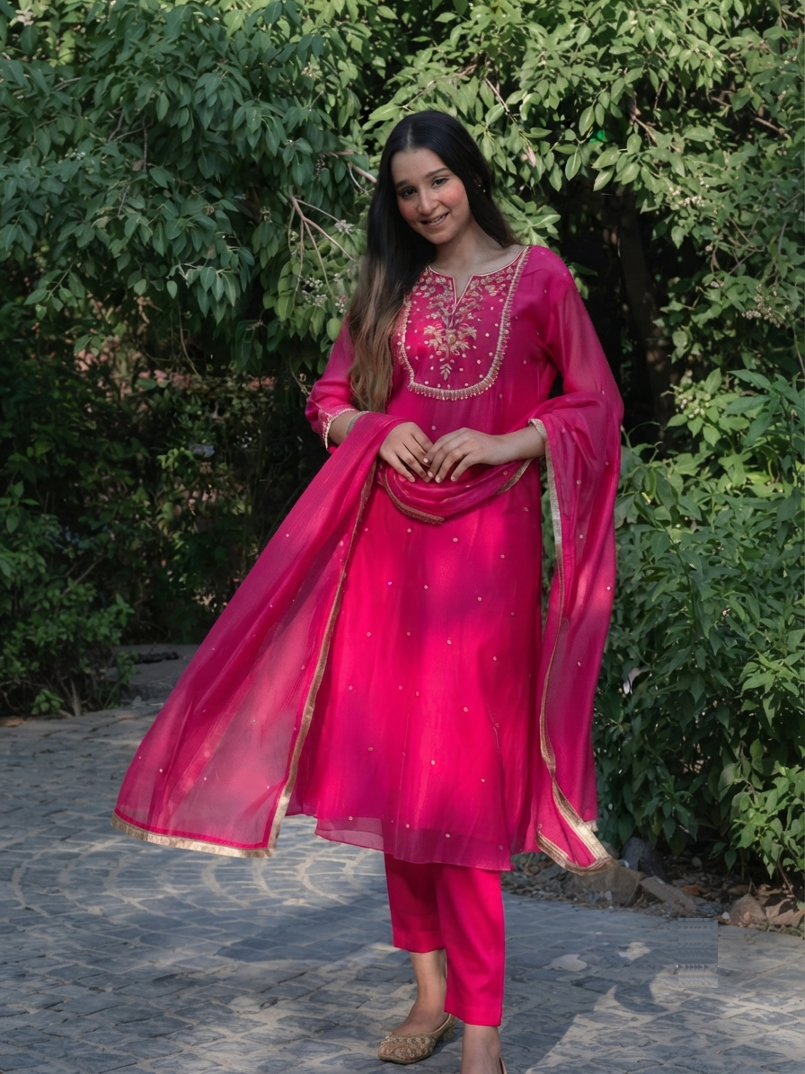 Hot Pink Chanderi Silk Suit Set