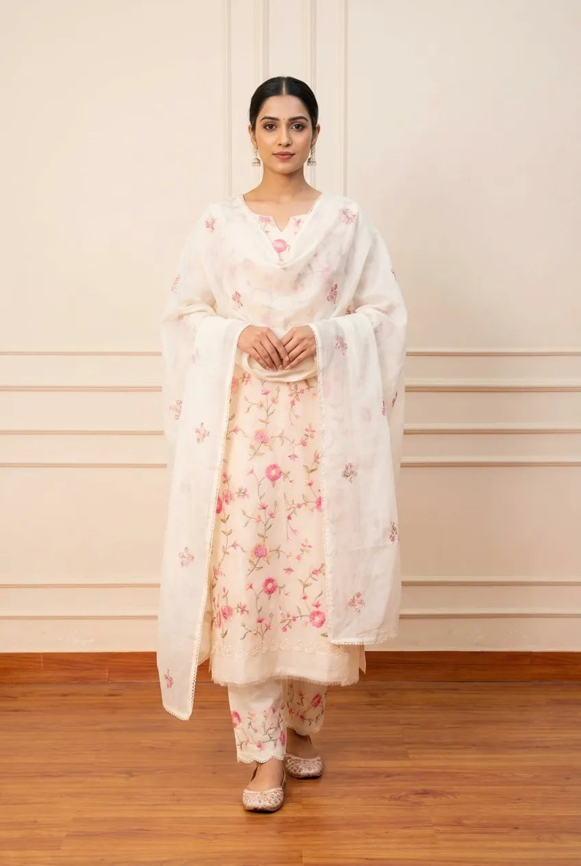 Graceful Off-White Floral Embroidered Suit Set