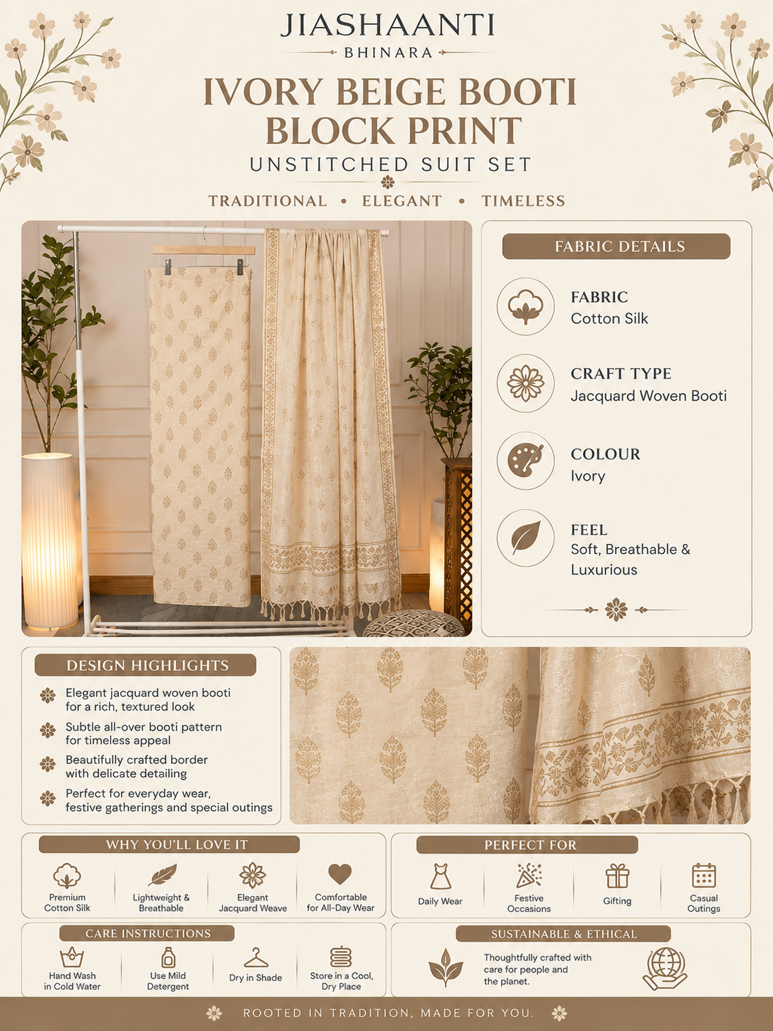 Infographic showing fabric, craft and colour details of Ivory Jacquard Woven Booti Cotton Silk unstitched suit set with tassel dupatta by Jiashaanti
