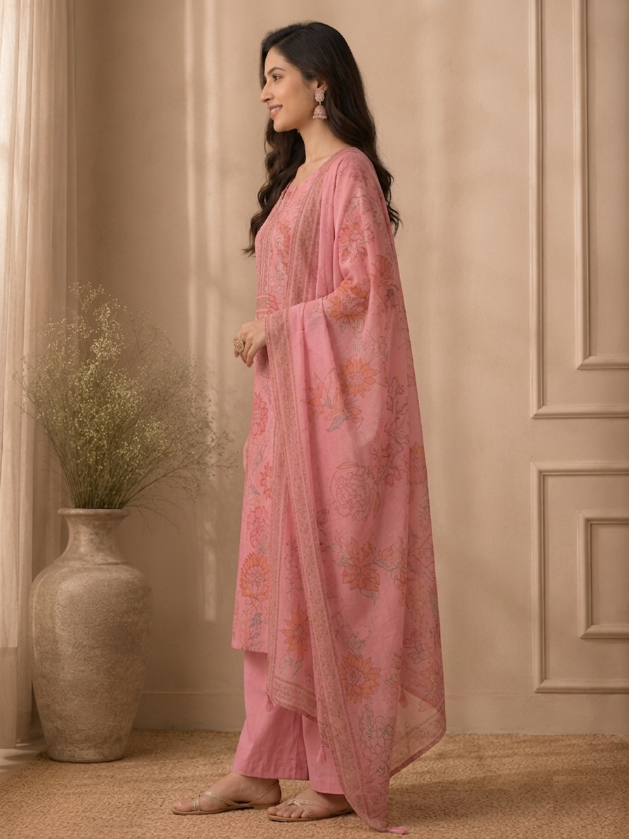 Blush Pink Floral Printed Cotton Suit Set