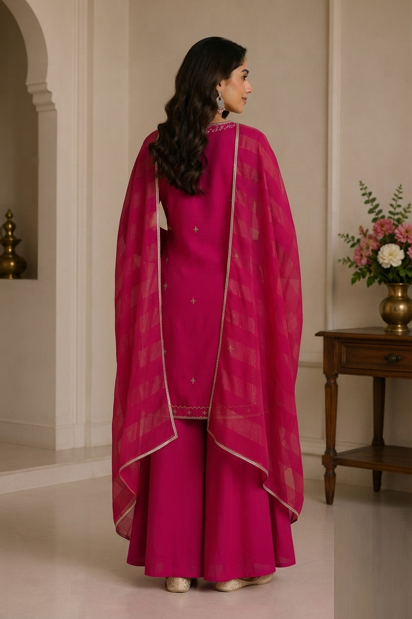 Back view of Magenta Pink Premium Satin Straight Suit Set in premium satin silk with elegant straight-fit design.