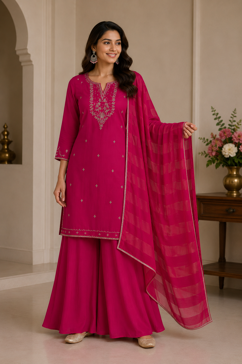 Front view of Magenta Pink Premium Satin Straight Suit Set with zari, pearl, bead and cutdana work on the neckline.