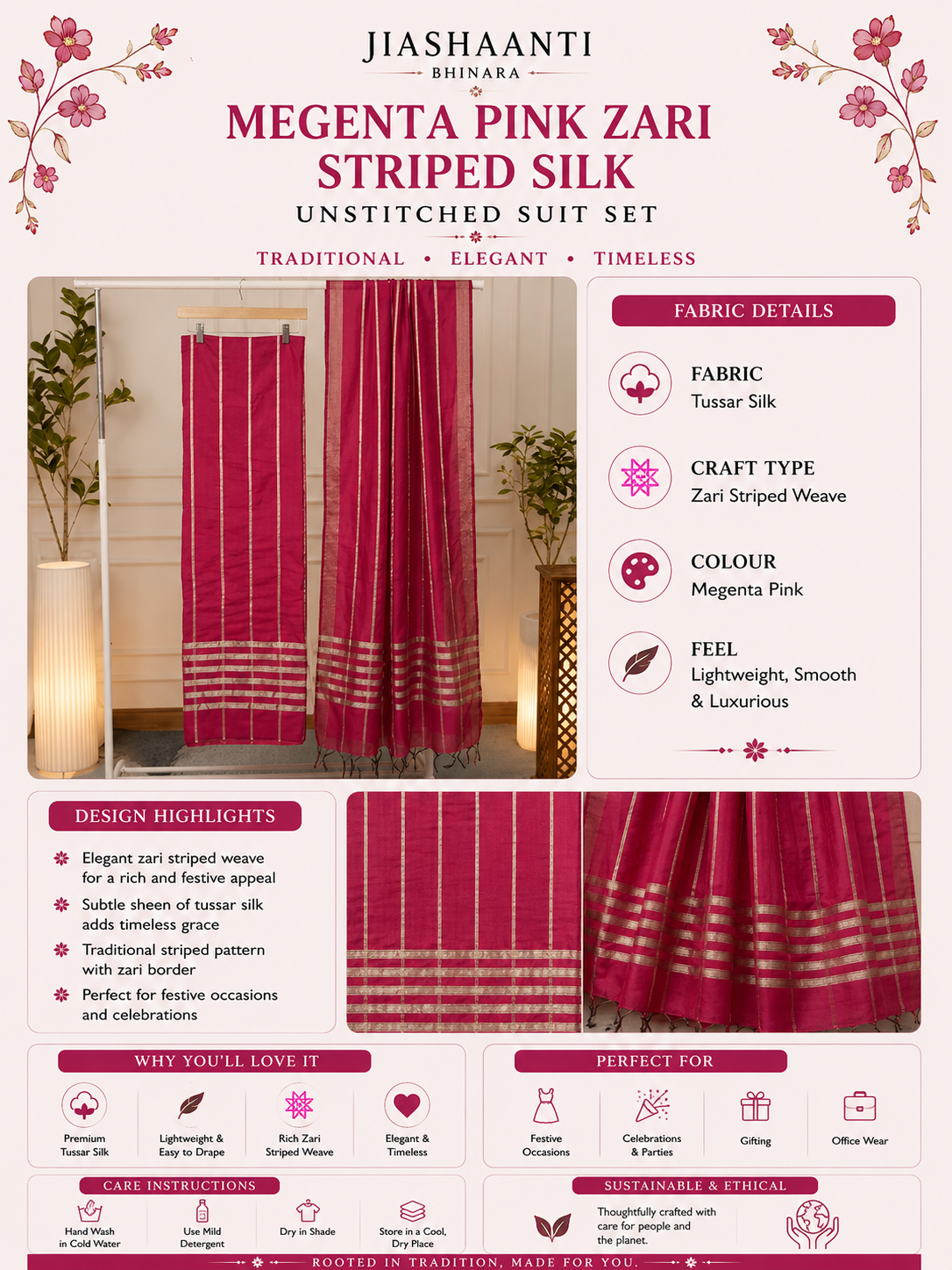  Infographic showing fabric, colour and design details of Magenta Pink Zari Striped Tussar Silk unstitched suit set by Jiashaanti
