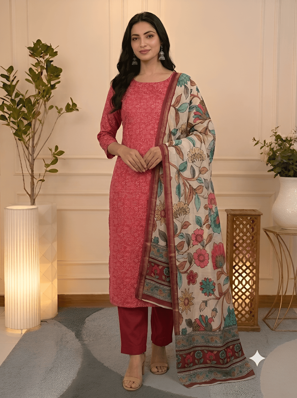 Model wearing Maroon Red Digital Floral Print Silk unstitched suit set by Jiashaanti
