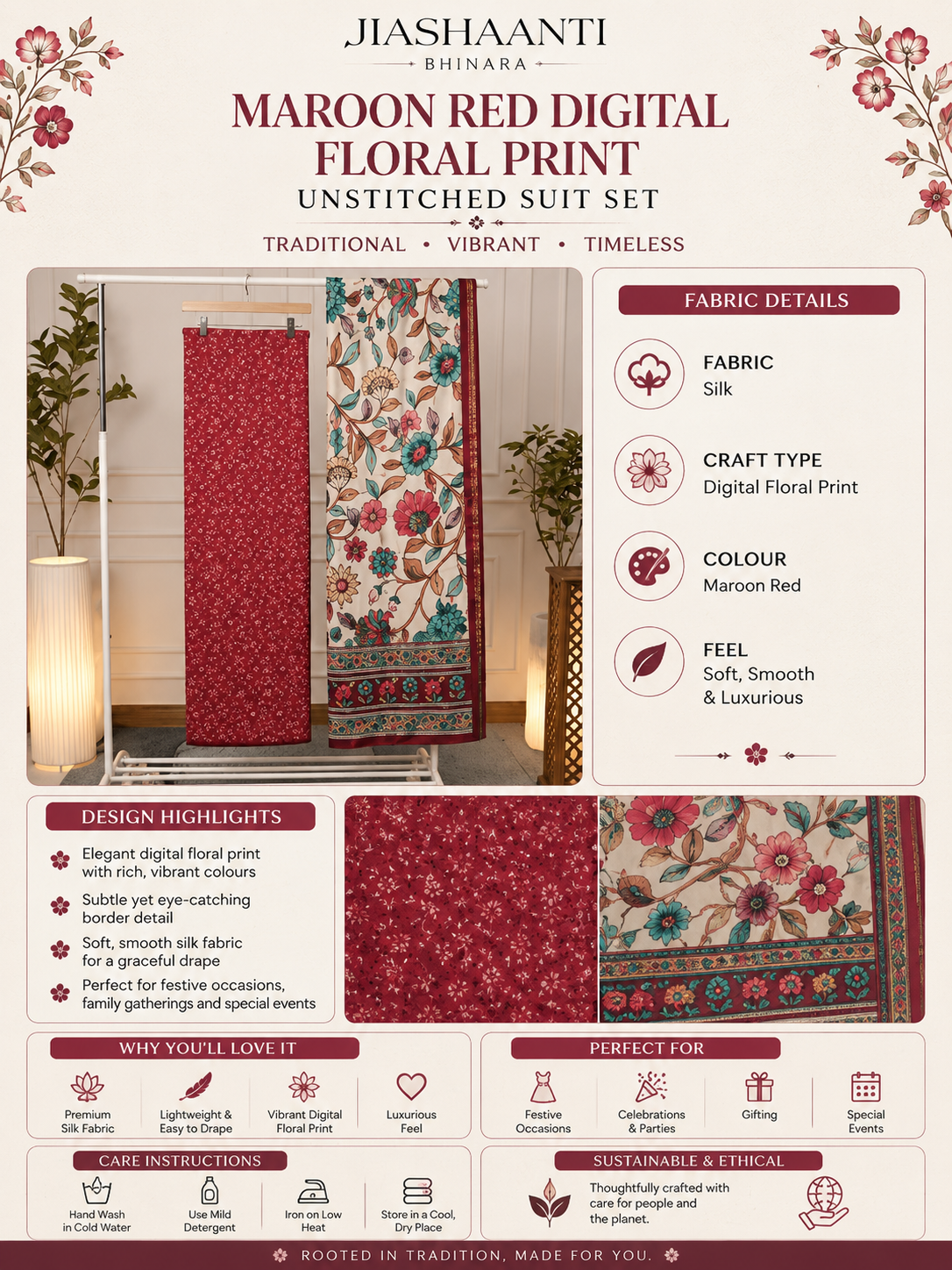 Infographic showing fabric, craft and colour details of Maroon Red Digital Floral Print Silk unstitched suit set by Jiashaanti

