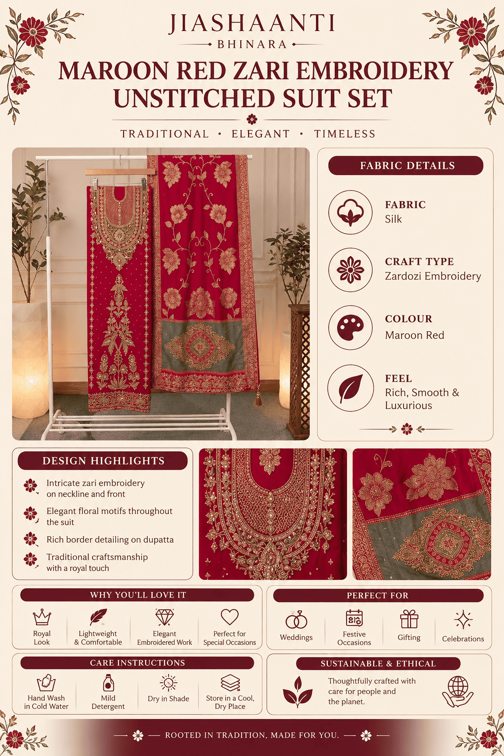 Product details infographic for maroon red zari embroidered unstitched suit set
