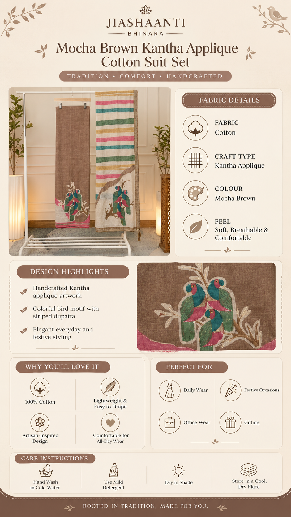 Infographic showing fabric, craft and colour details of Mocha Brown Kantha Applique Cotton unstitched suit set by Jiashaanti
