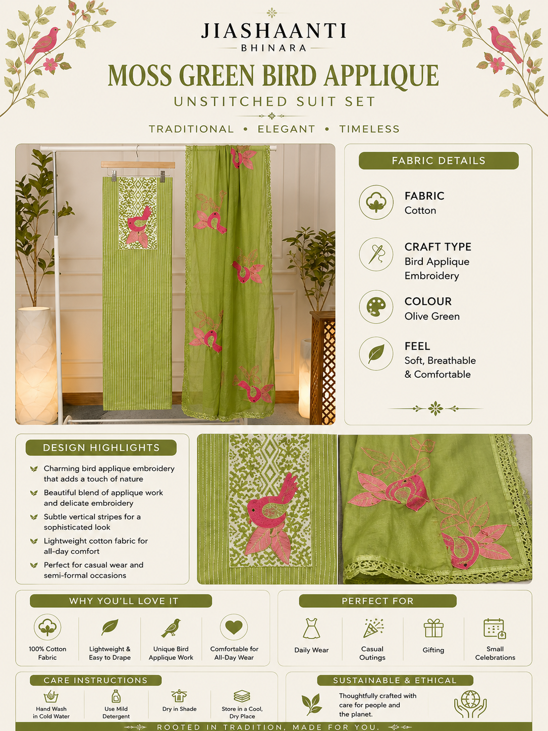 Infographic showing fabric, colour and design details of Moss Yellow Zari Woven Stripe Tussar Silk unstitched suit set by Jiashaanti