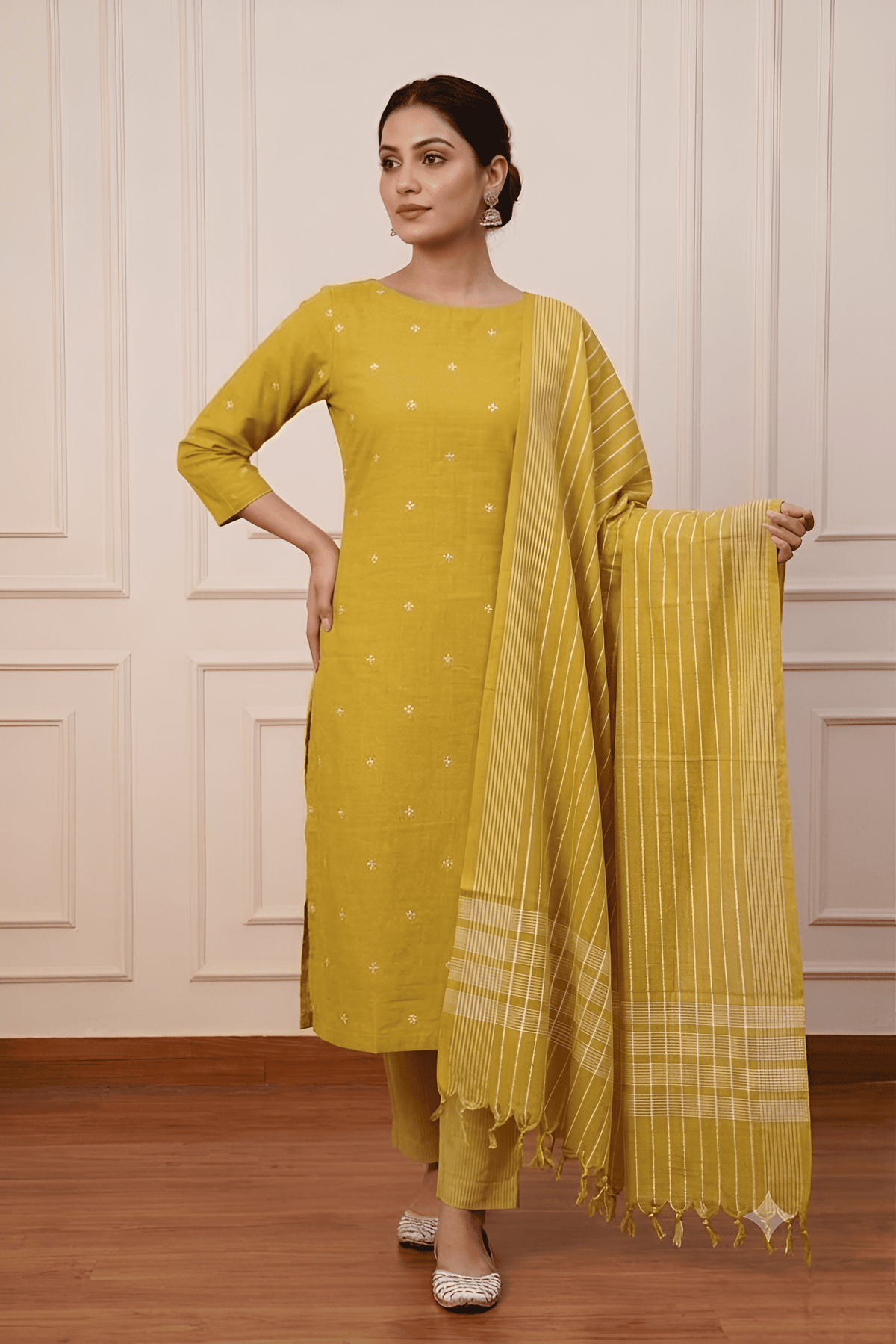 Mustard yellow cotton unstitched suit set with small white booti print – Jiashaanti